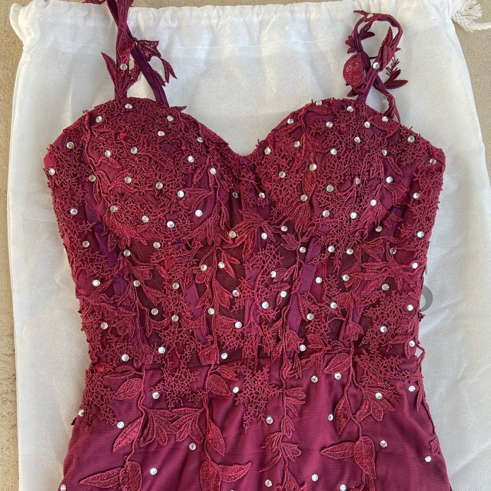 Burgundy with Corset Top and Rhinestone details dress